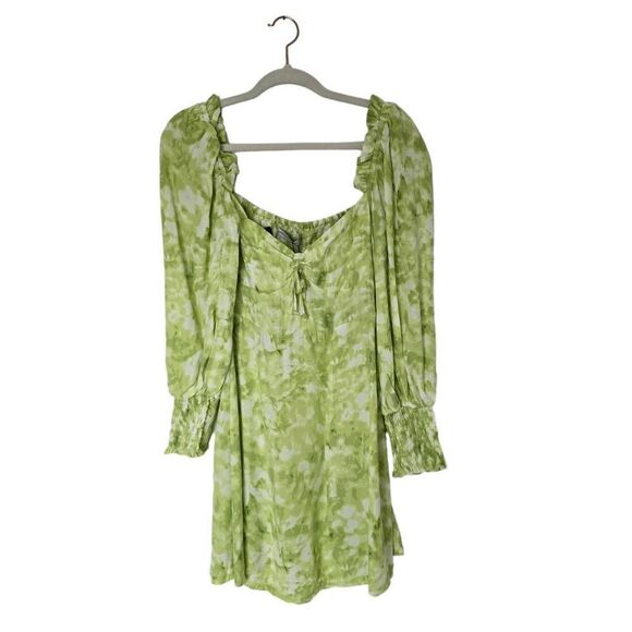Faithfull The Brand Mini Dress Women's Size 6 Green White Tie Dye Long Sleeve - Picture 4 of 14